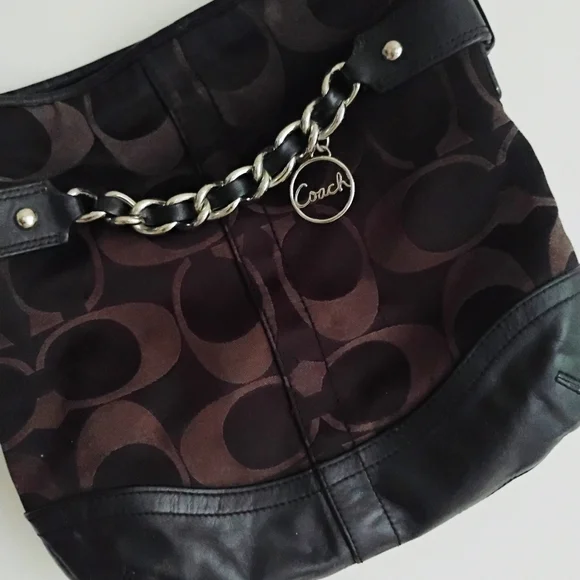 Coach Black Leather Dark Brown Canvas Signature Crossbody Bag Purse - Picture 2 of 15